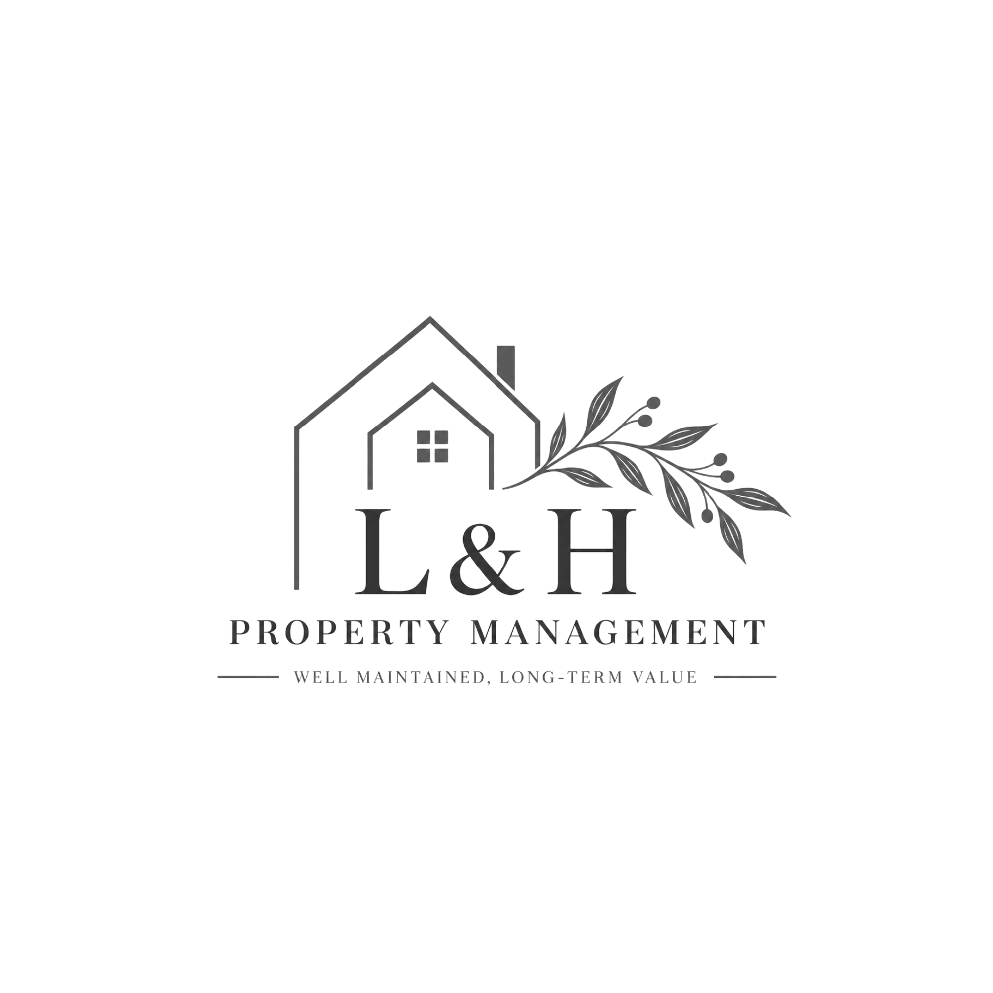 Logo for L&H Property Management with a house outline, leafy branches, and the tagline 'Well Maintained, Long-Term Value'.