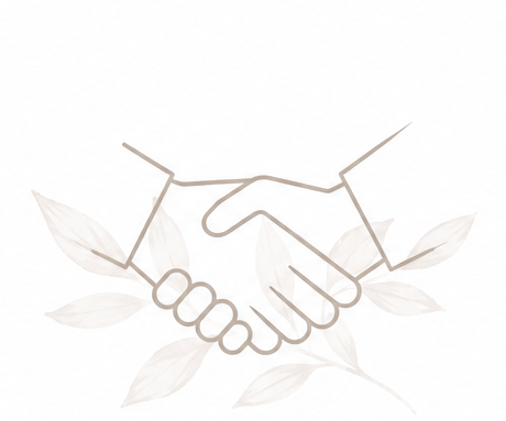 Illustration of two hands shaking with leaves in the background.