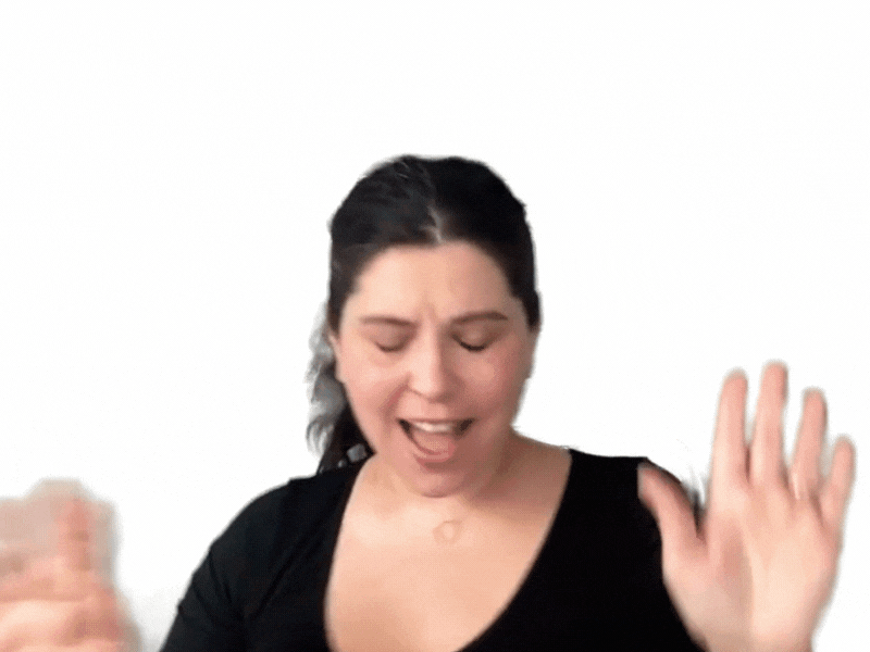 gif of SmallBiz Sidekick Creative Director, Carolyn Leasure, dancing in excitement at your new purchase