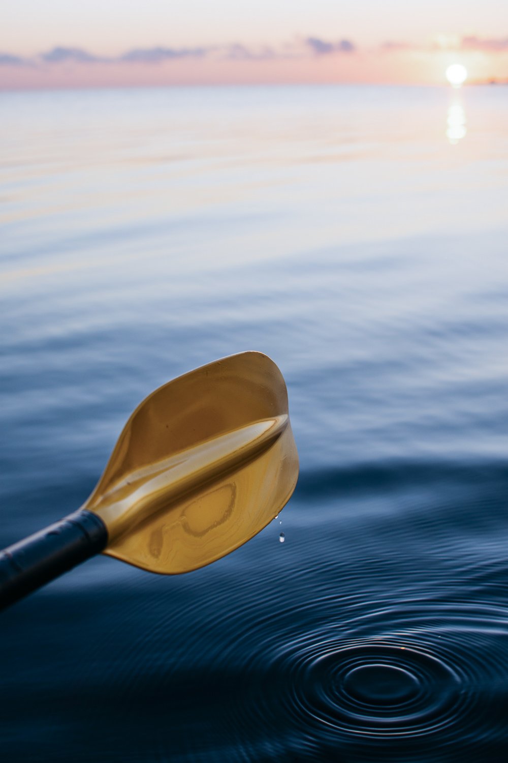 A yellow oar dipping into the lake at sunset, symbolizing the navigational expertise and guidance provided by SmallBiz Sidekick in the realm of Squarespace website design for small businesses
