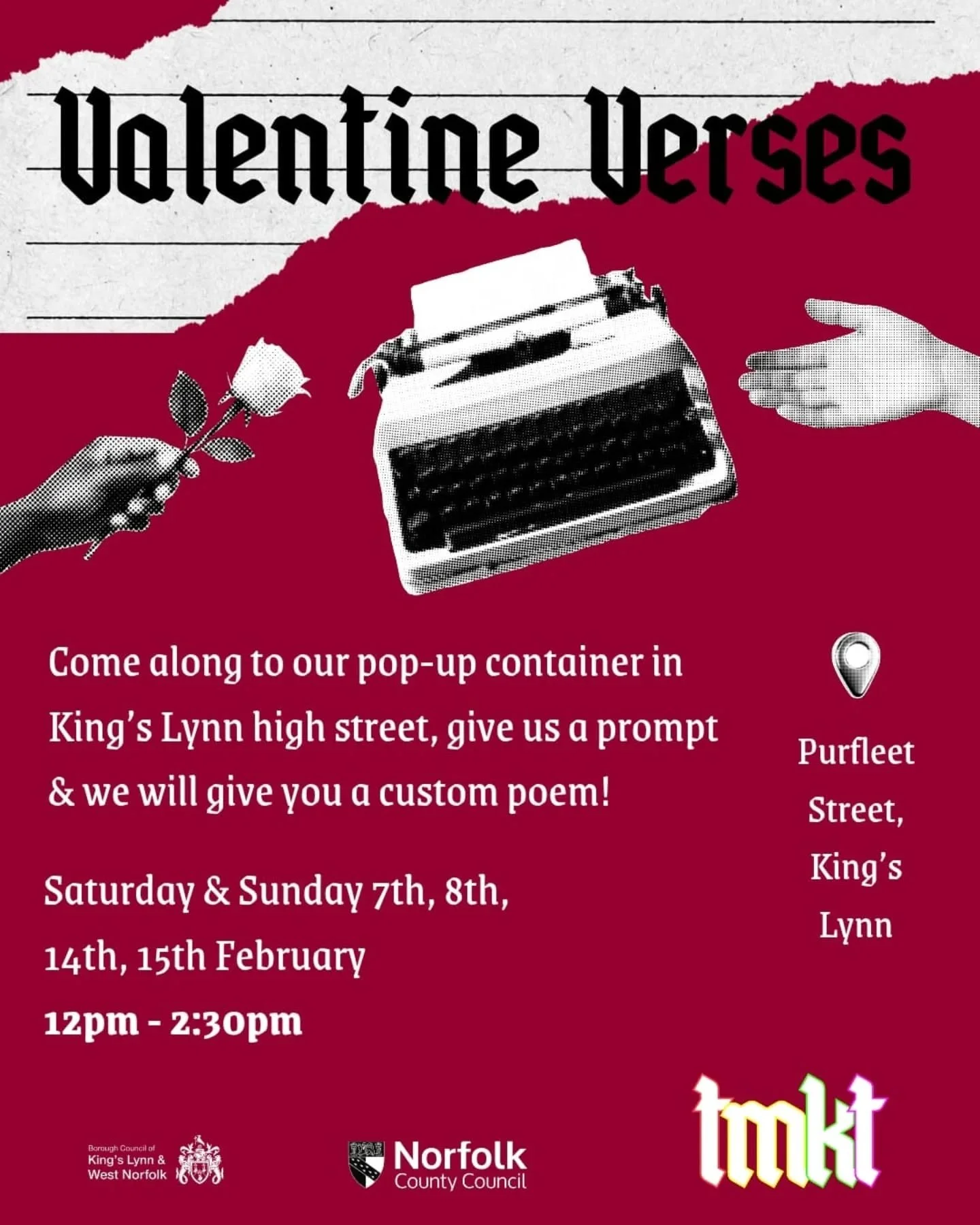 ON NOW: in the Purfleet Story Pod behind Boots in King's Lynn. 

Saturday and Sunday 12-2:30pm free custom Valentine's Poems by TMKT's poet in residence Savannah Andrews ❤️🙌

Just drop by!

Supported by the Borough Council of King's Lynn and West No