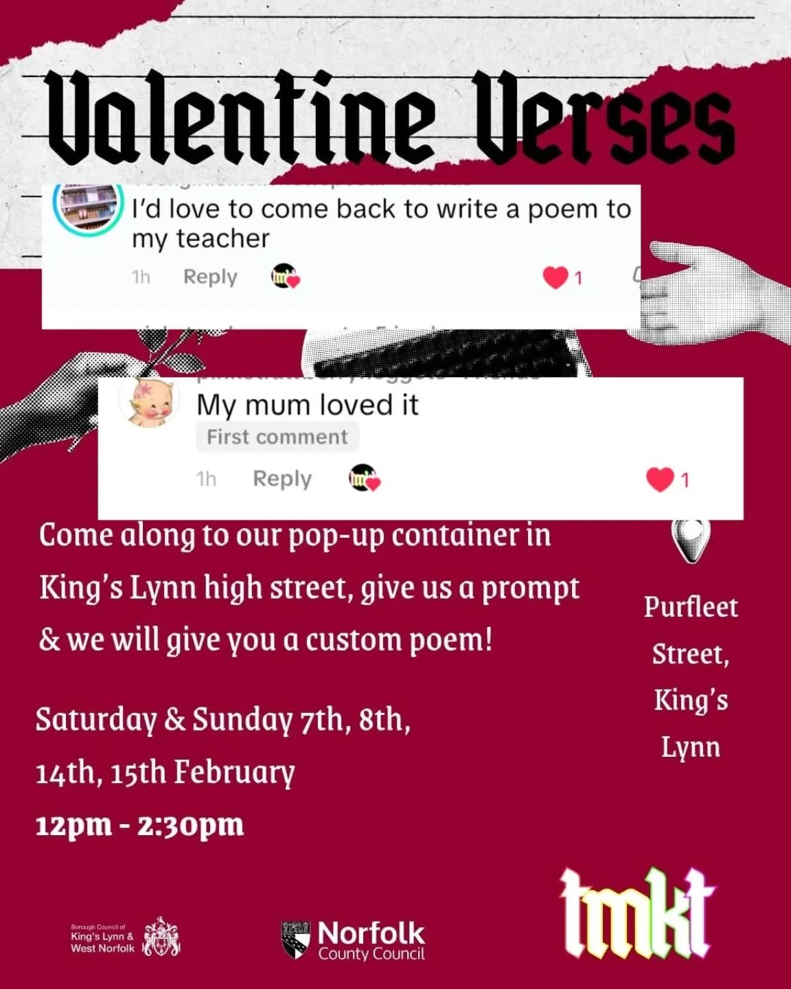 A few bits of lovely feedback from yesterday!

Our poet-in-residence Savannah Andrews is back in the Purfleet Story Pod again today 12-2:30pm.

Just drop by for a custom Valentine's day poem.

Supported by Councillor Community Grant Scheme Funding fr