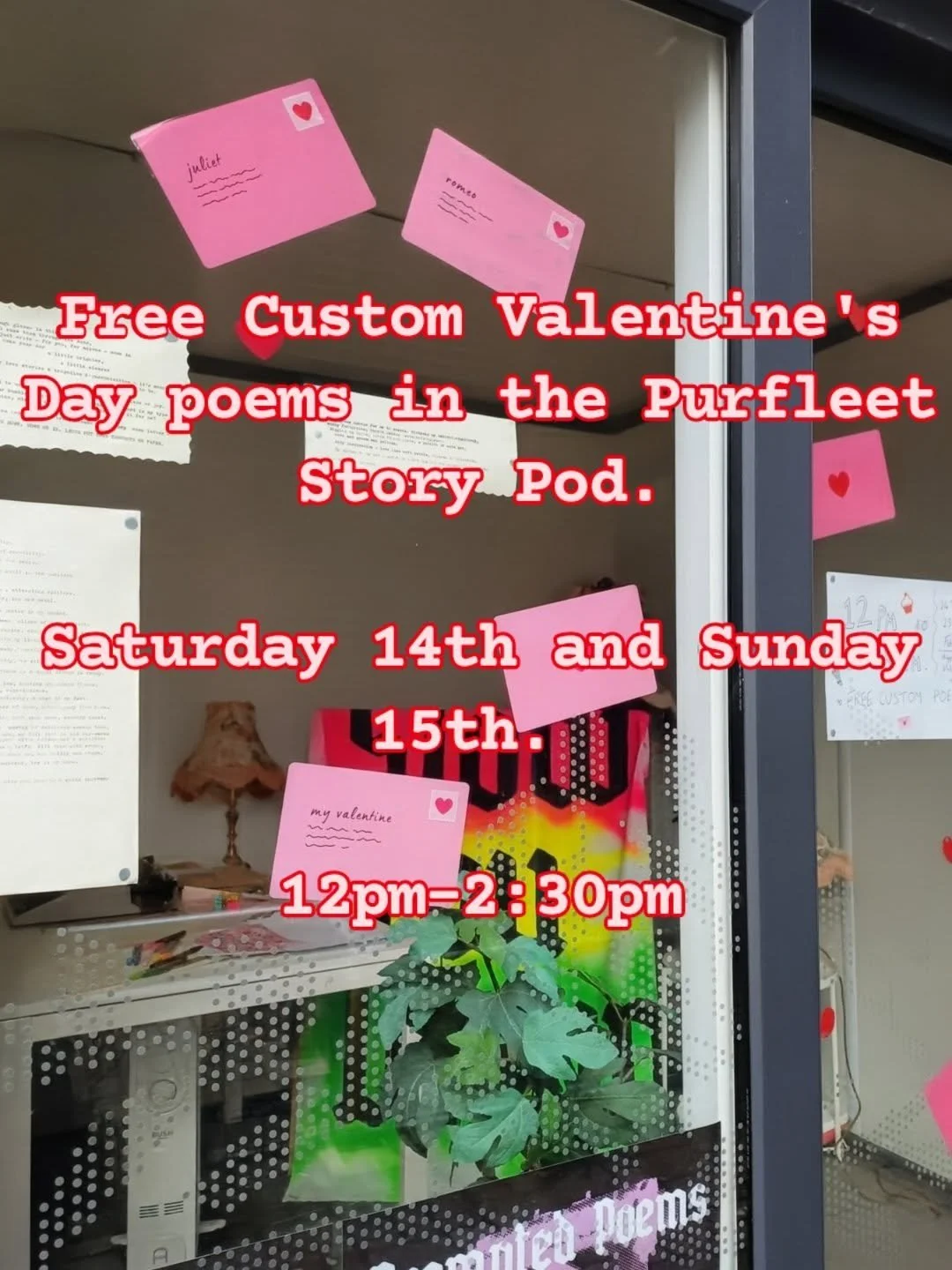 Happening today!!!

Free custom Valentine's Day poems by TMKT's poet-in-residence Savannah Andrews in the Purfleet Story Pod.

It's on Purfleet Street, down by Boots. Just drop by any time 12-2:30pm. Sit down in the comfy armchair and chill to the so