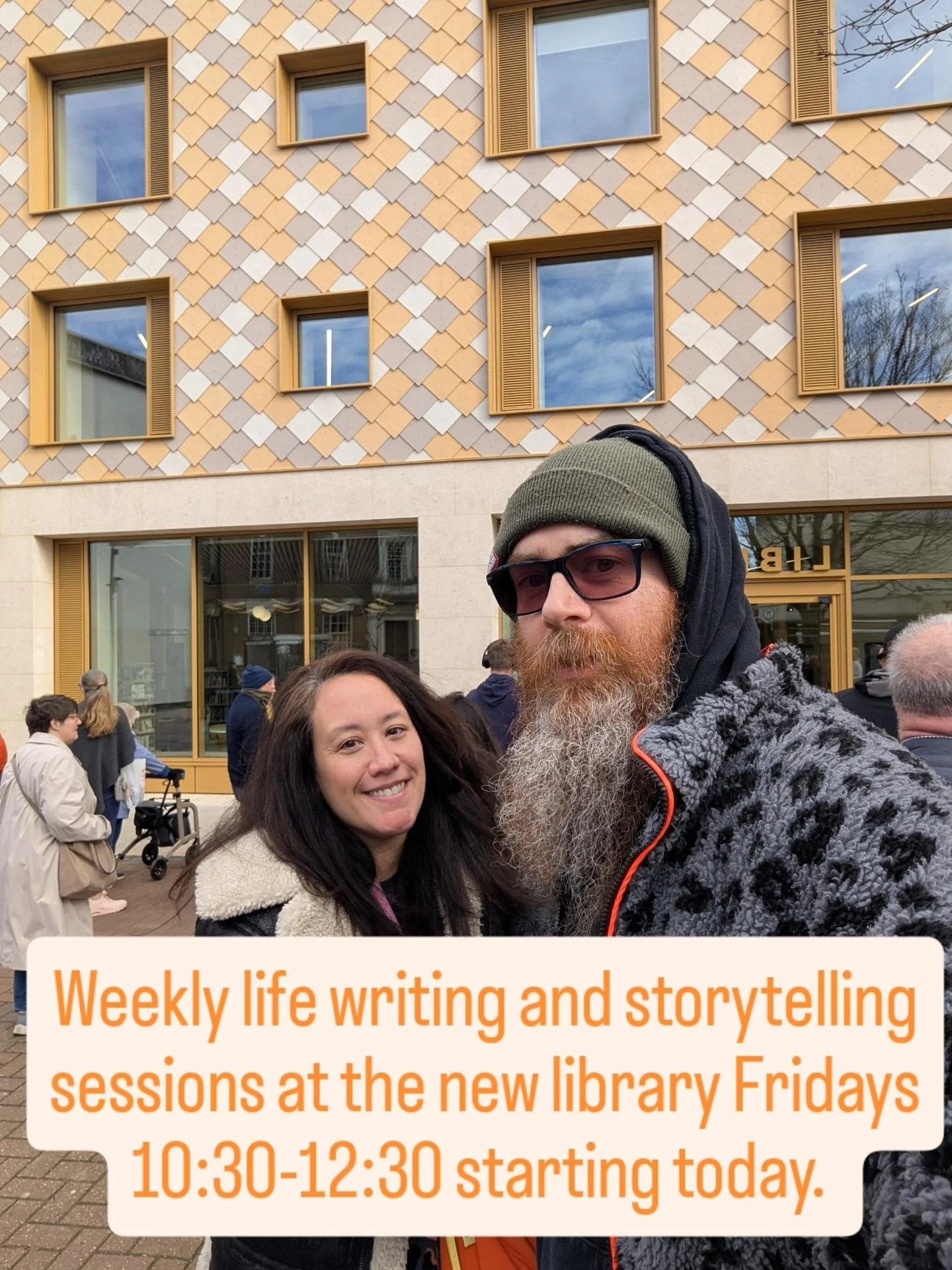 Starting today: free life writing and storytelling sessions every Friday at the library 10:30-12:30 with The Margery Kempe Trust (TMKT).

We took this selfie at the opening ceremony for the new library. It's an incredible space. Thank you @norfolklib