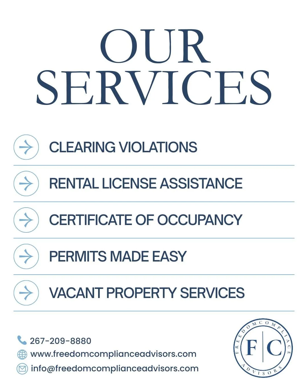 Freedom Compliance helps commercial building owners and managers resolve compliance issues with the City of Philadelphia. We guide clients through complex city processes like code violations, permitting problems, certificates of occupancy, and rental