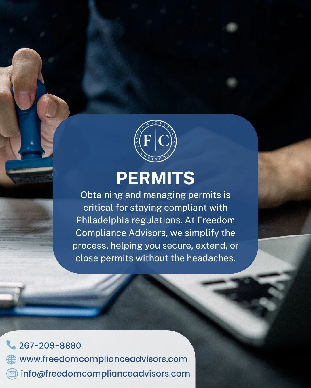 Navigating permits in Philly can be complex — but we make it easy. From building and zoning permits to trade and special use approvals, Freedom Compliance Advisors helps you apply, expedite, resolve holds, and manage extensions or closures to k