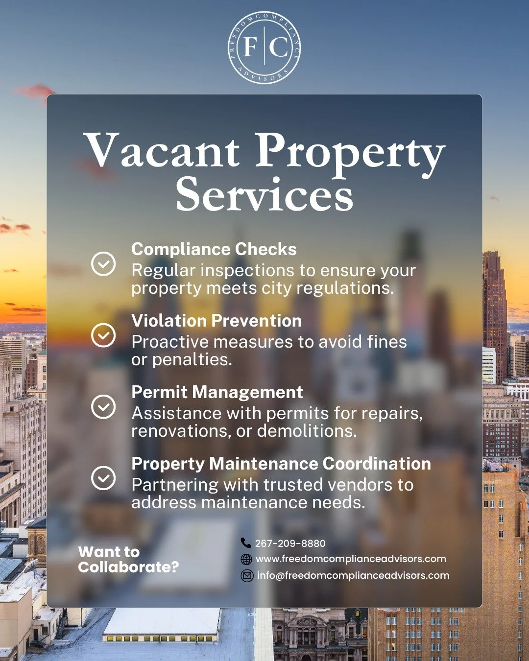 At Freedom Compliance Advisors, we offer full-service support to help you stay compliant and protect your investment. Our team conducts regular compliance checks, manages necessary permits, coordinates maintenance, and takes proactive steps to preven