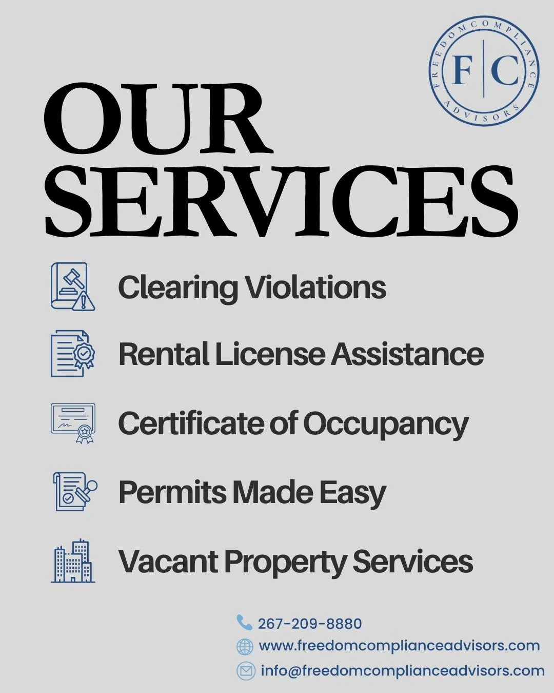 Freedom Compliance assists commercial building owners and managers in resolving compliance issues with the City of Philadelphia. We provide clear, efficient guidance through complex city processes, including code violations, permitting challenges, ce
