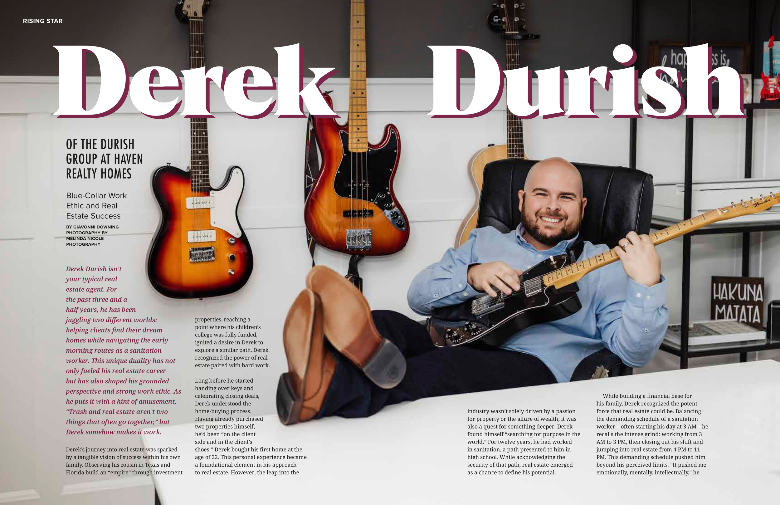 A man sitting on a black chair, smiling, holding an electric guitar, with three guitars mounted on a gray wall behind him, along with a bookshelf on the right side and a discussion text on the left side of the image.