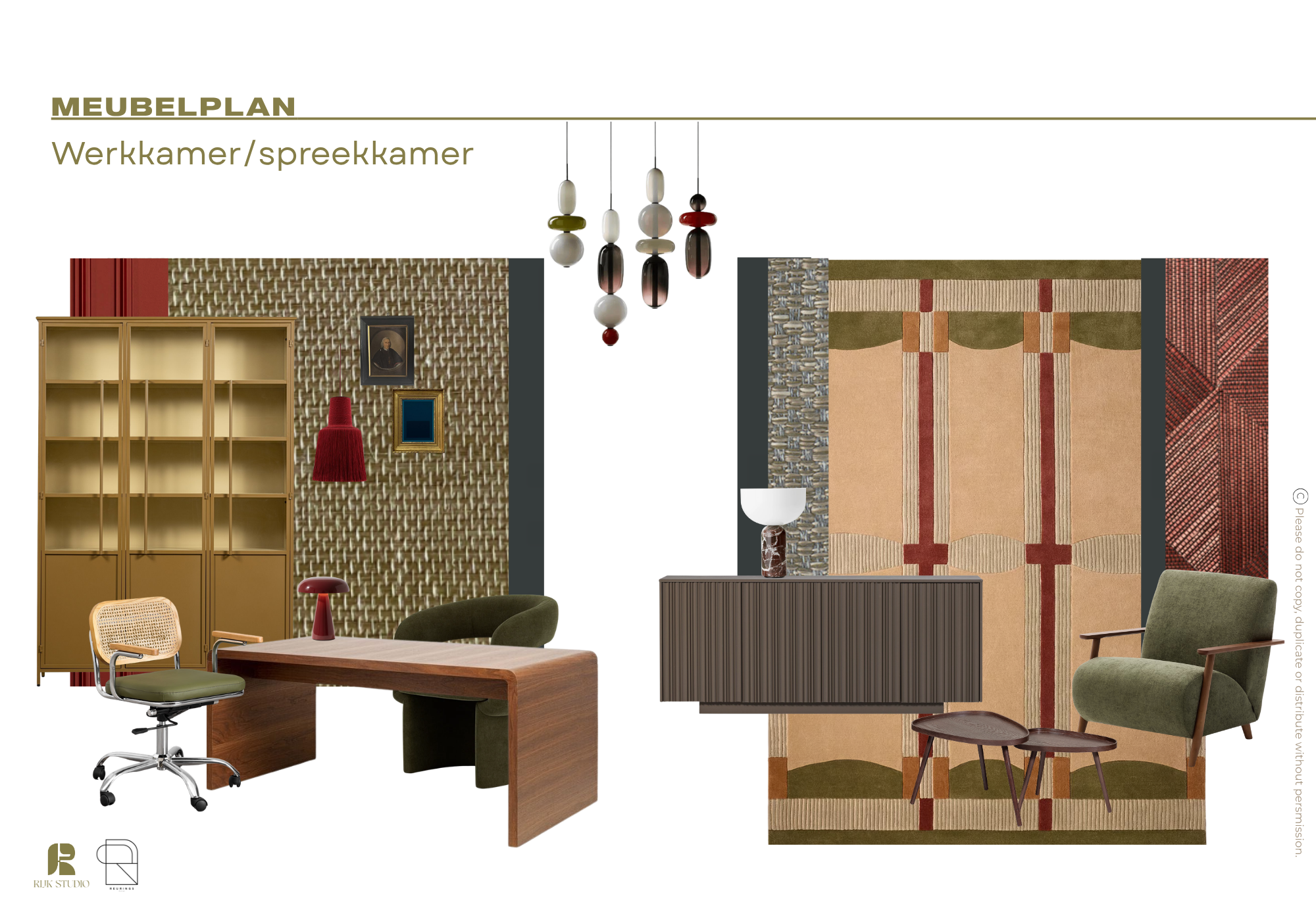 Een interieurontwerp met meubels zoals boekenplanken, tafels, stoelen, tapijten en verlichting in earthy kleuren.