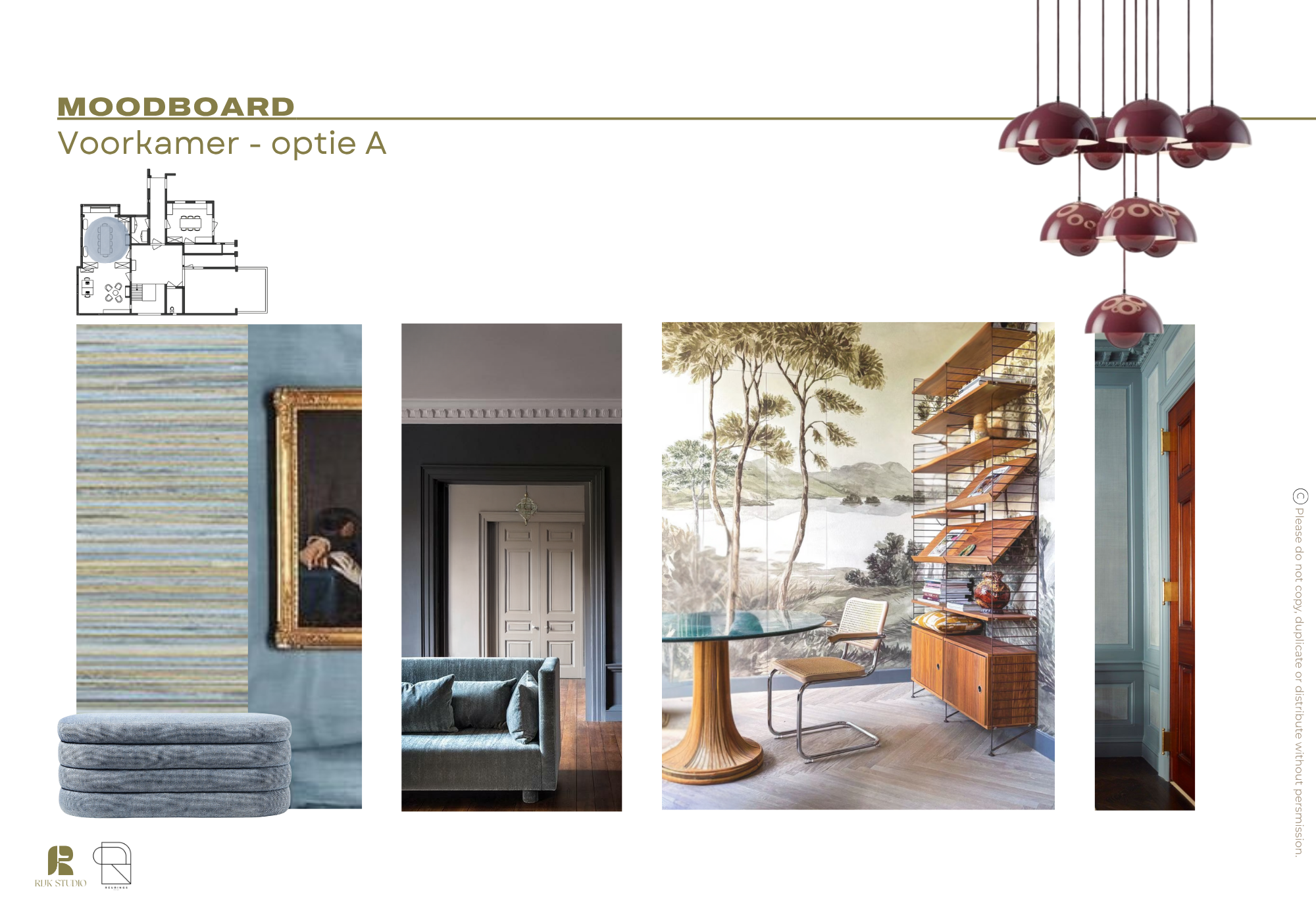 Moodboard met woonkamer, een streepjestapijt, een klassieke lijst, een grijze muur met plafondlijst, een schilderij met een landschap, een ronde eettafel met stoel, een boekenkast met boeken, en een deur met een sierlijst.