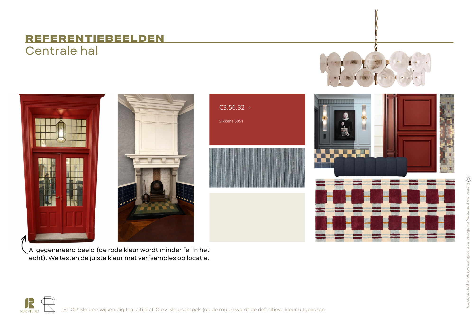Een display met vijf foto's en stalen van verfkleuren. De links onderaan een rode deur en een afbeelding van een versierde entreehal, en de rechterkant drie ruimtebeelden met verfdetails, meubels en een vloer.