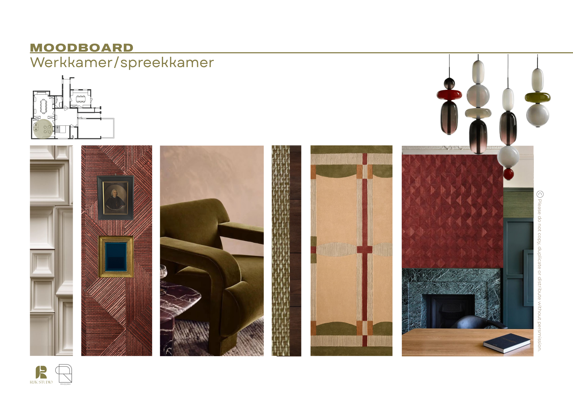Een moodboard met verschillende interieurmaterialen en kleuren, inclusief hout, tapijt, verf, sieraden, muurpanelen, stoffen en een foto. Bovenaan een plattegrond van een kamer en een serie hanging lampen.