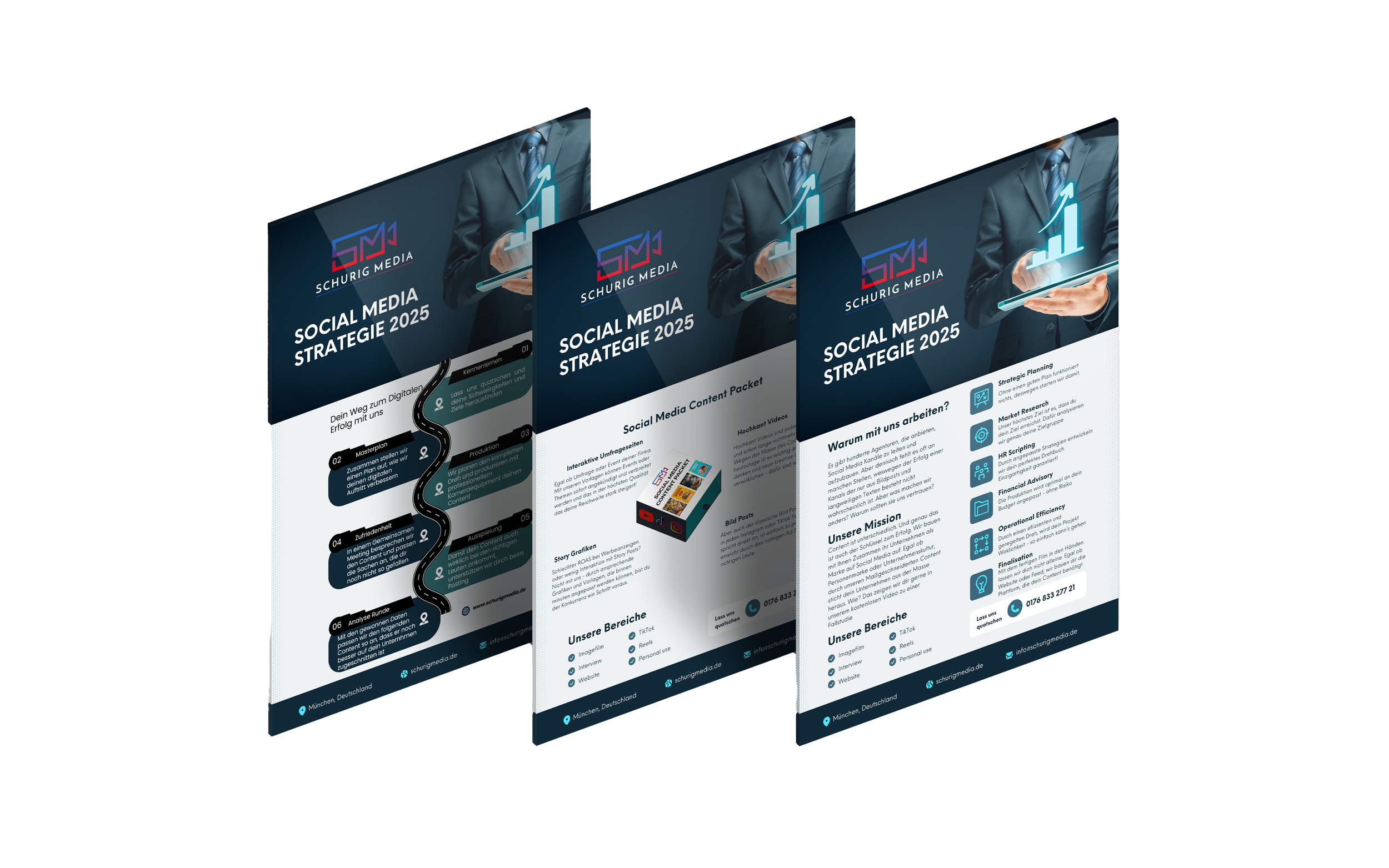 Werbebroschüre mit dem Titel 'Social Media Strategie 2025' von Schurig Media. Die Broschüre enthält Informationen über strategische Planung, Markenforschung, HR-Setup, Finanzberatung und operative Effizienz.