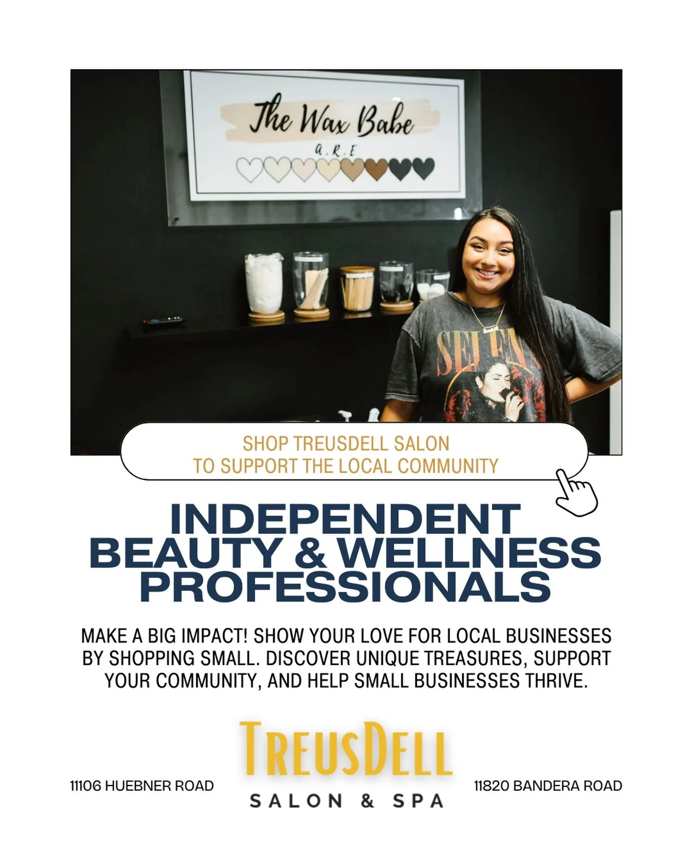 Small Business Saturday in November 29th! 🛍️

Celebrate and support small businesses like our incredibly talented hairstylists, nail artists, waxers, aestheticians, tattoo artists and so many more! ✨

Shop small, Shop local @Treusdellsalon this week