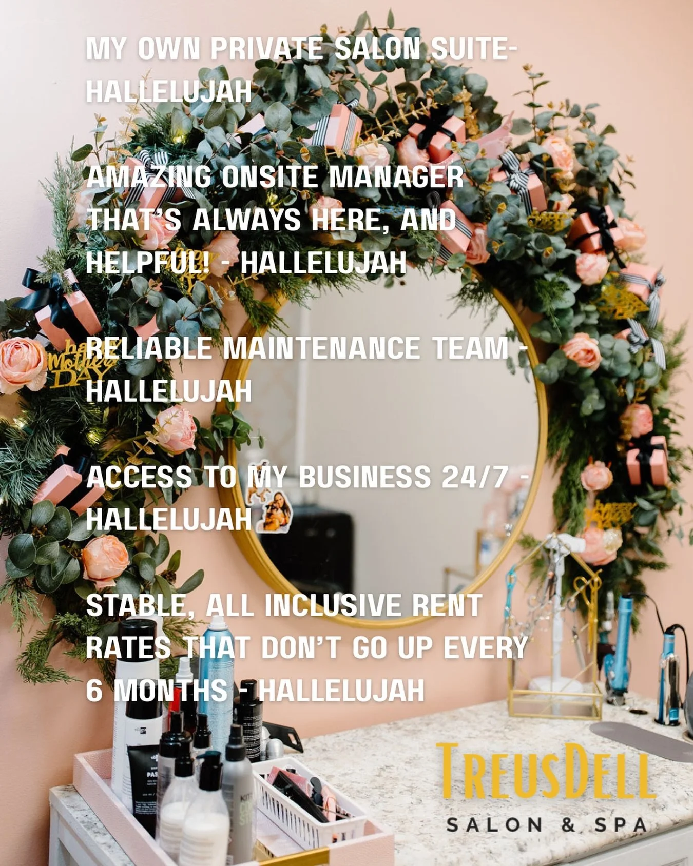 Hallelujah 😊 To all the big and small things that owning your own salon bring into to your life! 

If you&rsquo;re looking for a place to work independently with the full confidence of knowing there is an on-site tram here to help you with anything 
