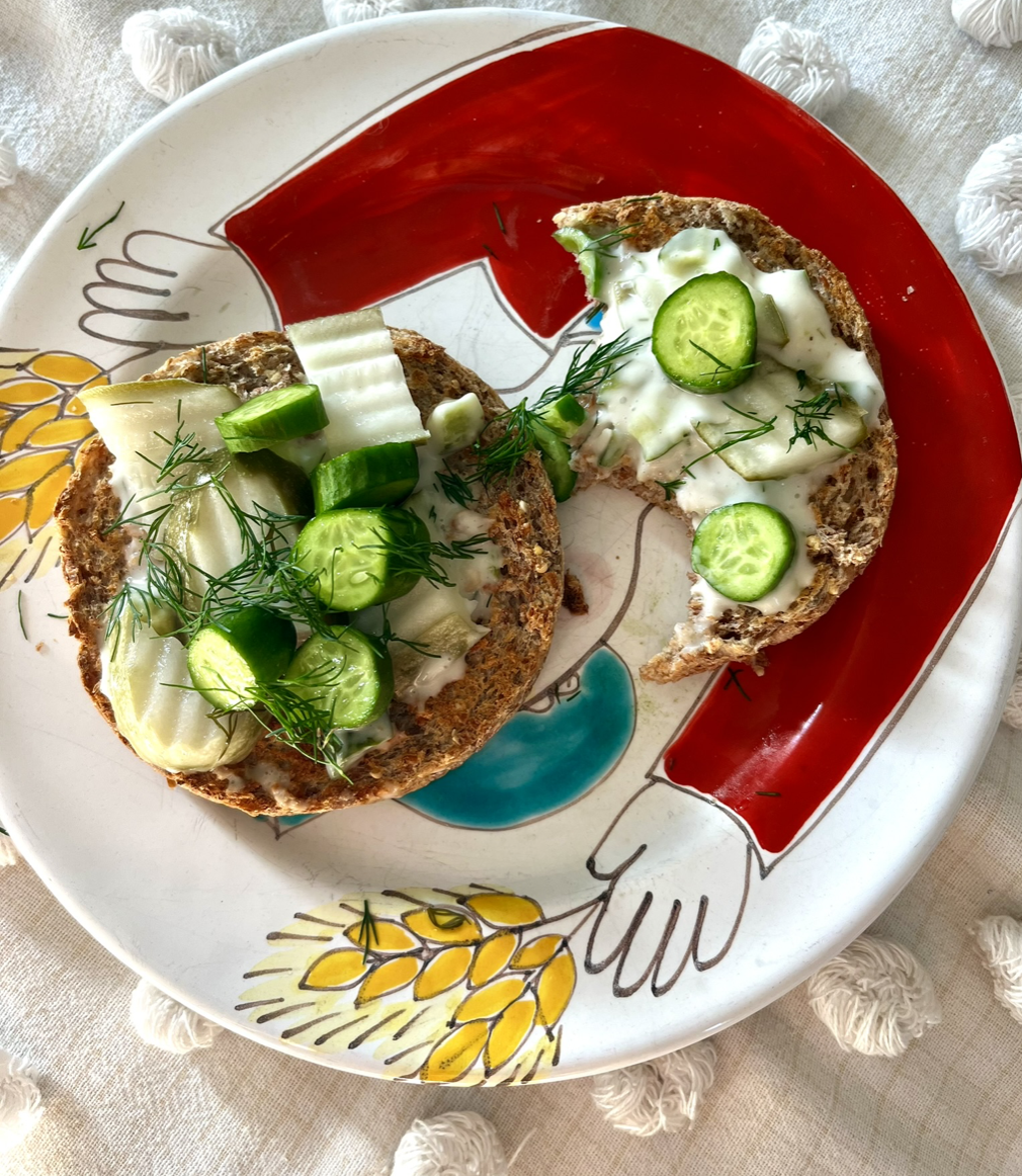 Ezikiel Muffin, Vegan Tzatziki, Pickles, Baby Cukes, and Dill