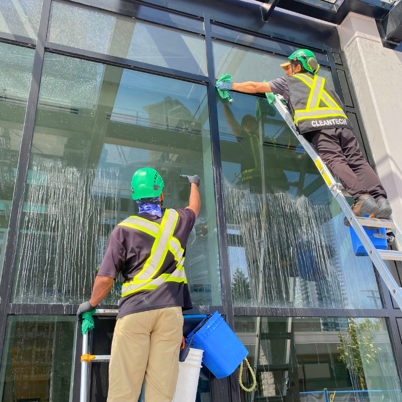 Professional ladder window cleaning for commercial building Richmond BC