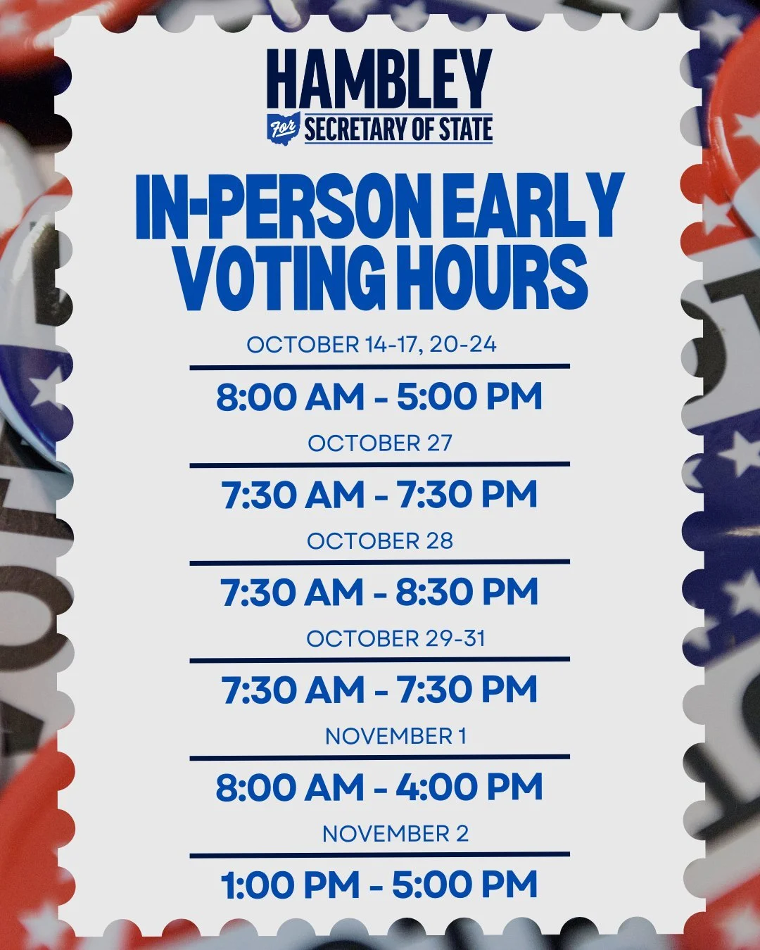 #EarlyVoting is on in #Ohio! Don't miss your chance to make your voice heard in this year's important municipal elections. Head to your County #BoardofElections for more info on how to cast your ballot! #Voting #OhioVotes #HambleyforOhio #careforohio