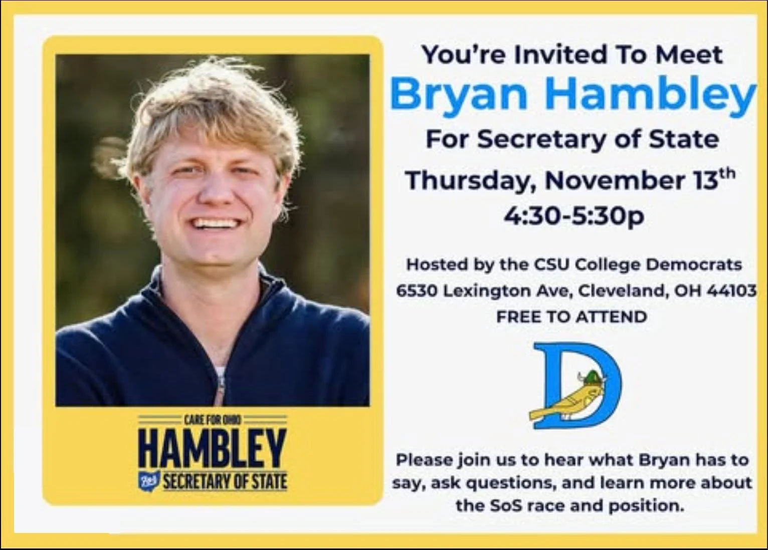 Looking forward to being with the @clestatedems  today! Getting young folks across our state is so important to the future of civic and political engagement. We need the next generation of leaders to help solve #Ohio's critical issues and bring bette