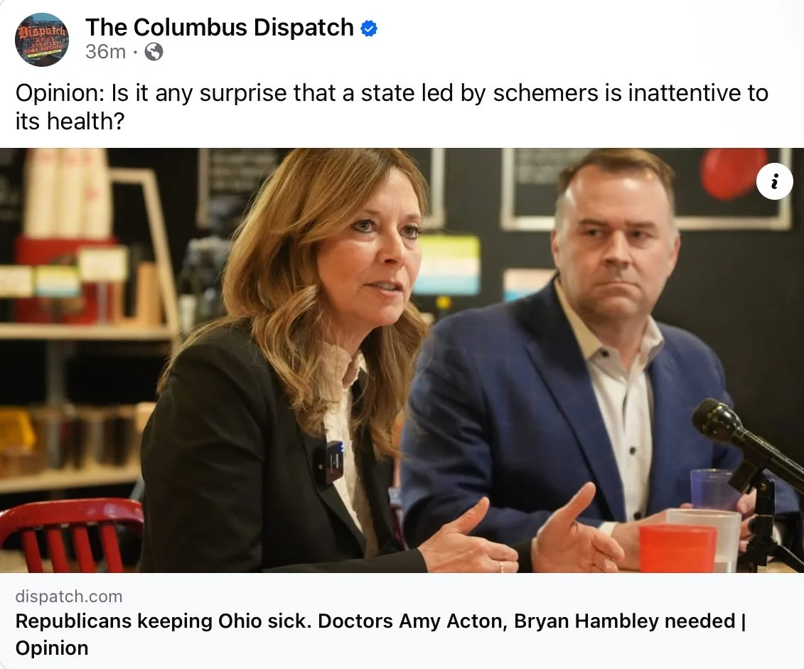 Today in the @columbusdispatch  there is a great opinion piece about this race. Thank you Dr. Lederman for this very kind write up. From the article: "Two extremely capable, highly regarded physicians are positioned for leadership roles in our s