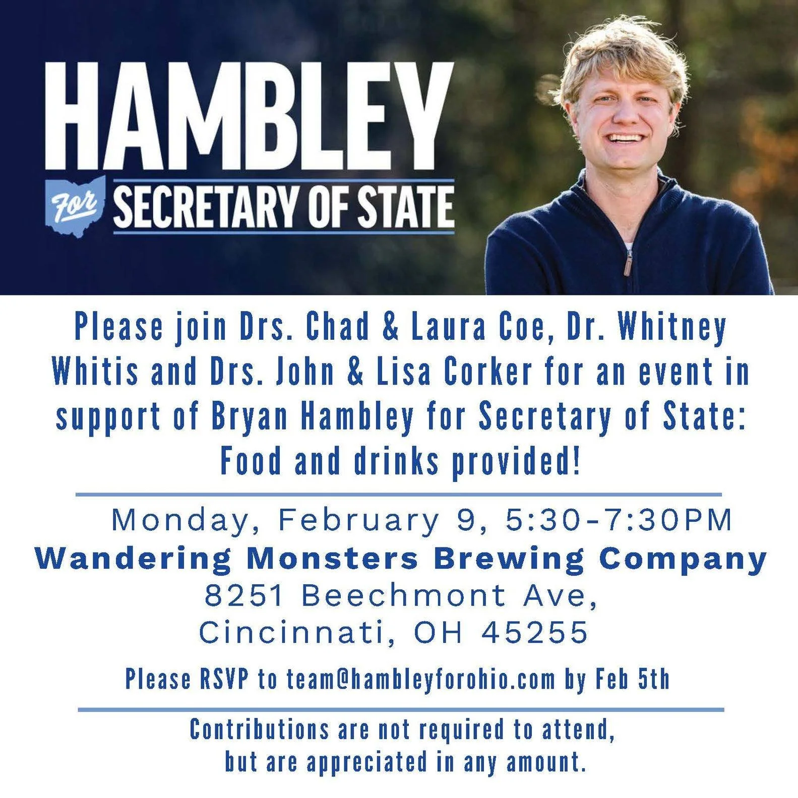 Join us this coming Monday, February 9th for an #Anderson meet and greet at @wanderingmonstersbeer ! We'd love to see you there. #HambleyForOhio #CareForOhio