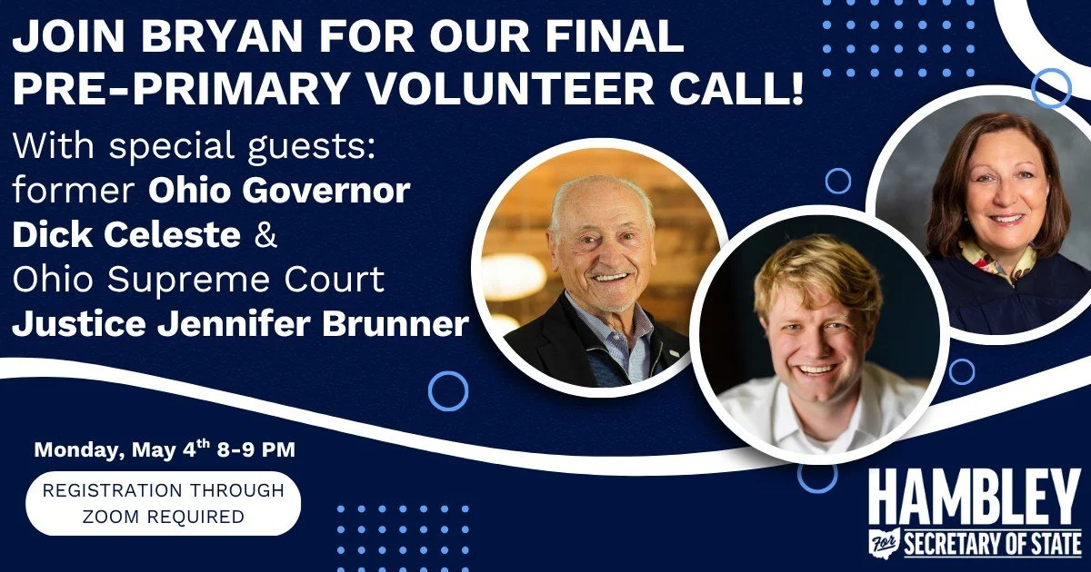 On Monday evening, join us for our final volunteer huddle before the primary! We'll be joined by two very special guests: former #Ohio Governor Dick Celeste, and Ohio Supreme Court Justice @jenniferlbrunner! We'll be checking in for final updates bef