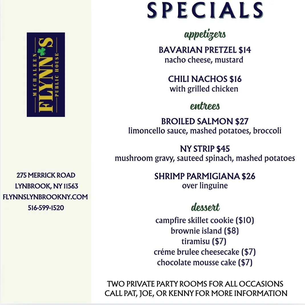 This week’s specials 🤤
#michaleenflynns #lynbrookny #lunch #dinner #longislandny