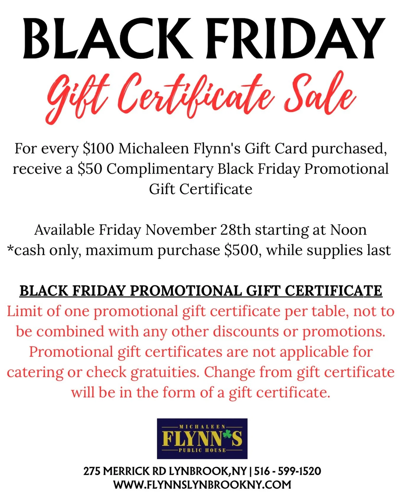 Good meals make great gifts &mdash;  Black Friday gift certificate sale available 11/28 @ 12 PM while supplies last 🎁

#blackfriday #sale #gift #michaleenflynns