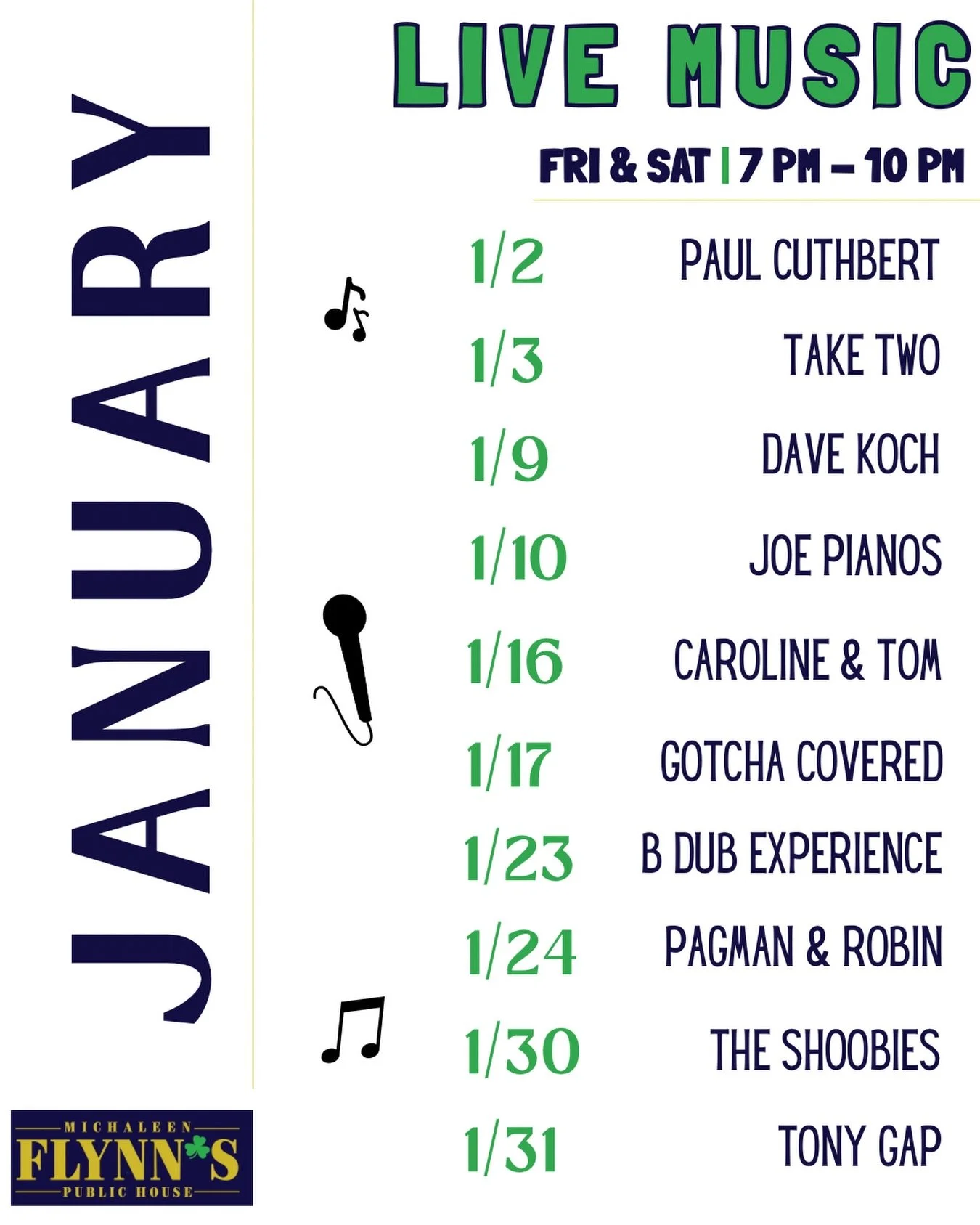 JANUARY 🎙️ LIVE MUSIC DATES 🎵

#michaleenflynns #lynbrookny #longislandny #livemusic