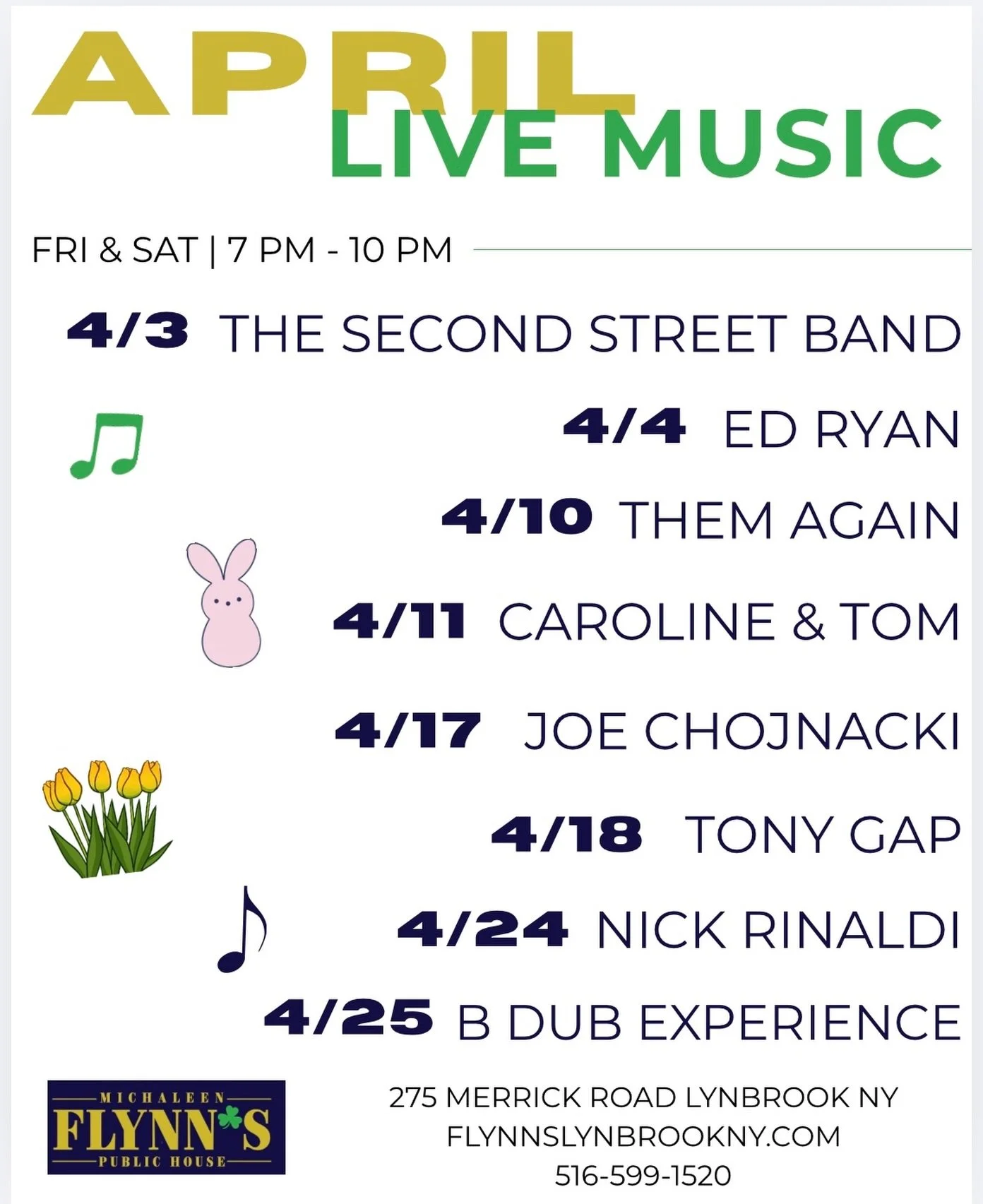 Spring is in the air &mdash; and so is the music. Aprils live music line up is here 🌷 join us every Friday and Saturday for #livemusic 🎵🎸🎙️

#michaleenflynns #lynbrookny #longislandny #april