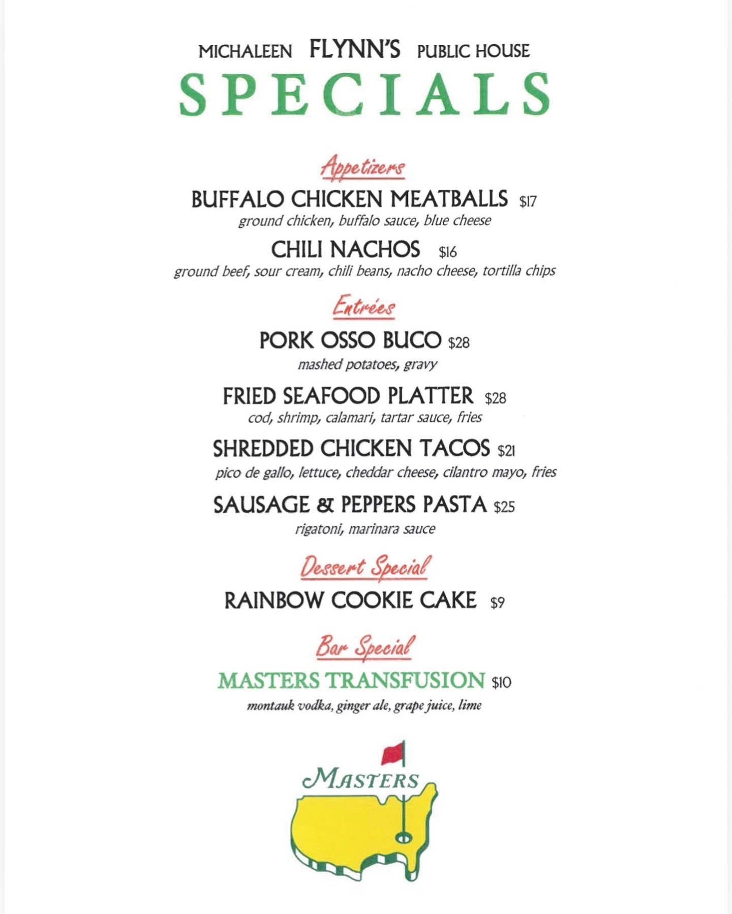 This weekend&rsquo;s specials &mdash; right on par ⛳️

#masters #michaleenflynns #lynbrookny #longislandny #specials