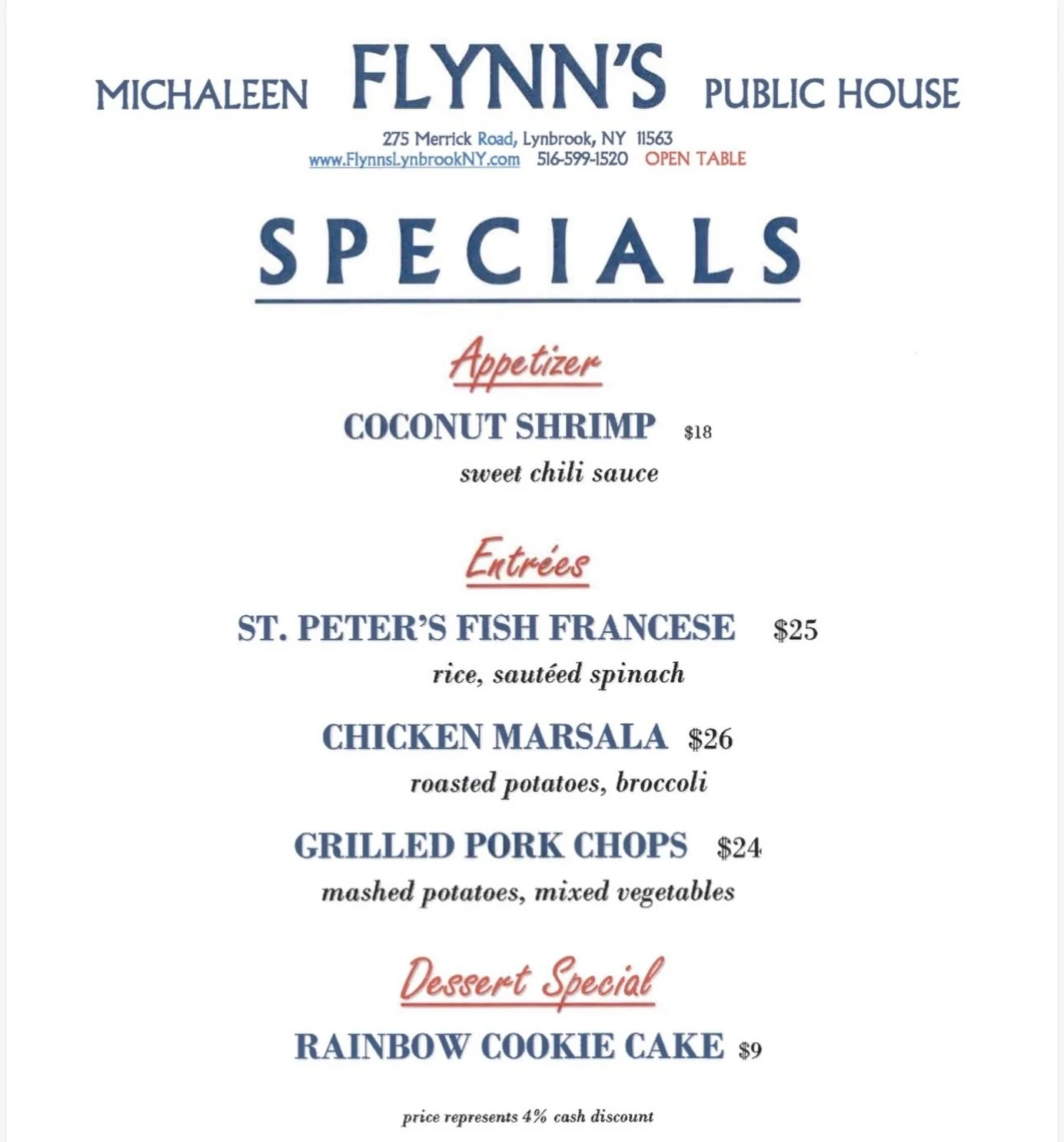 Weekly specials at Flynn&rsquo;s! Open for lunch &amp; dinner 🍽️ 

link in bio for reservations 

#michaleenflynns #lynbrookny