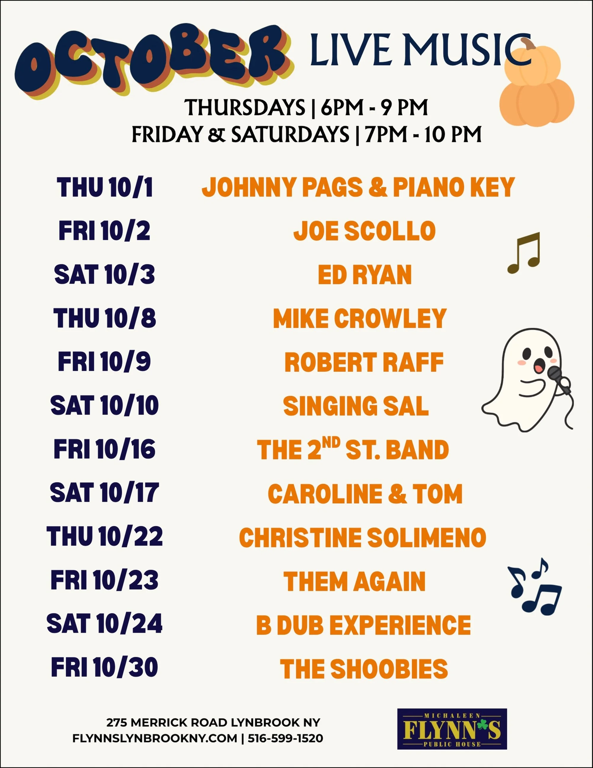 Spooky season sounds good at Flynn&rsquo;s. Octobers live music line up is here! 🎃🎵👻 #michaleenflynns #lynbrookny #livemusic