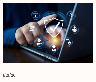 Hand pointing at a digital tablet with icons related to healthcare, security, and communication floating around a shield with a checkmark.