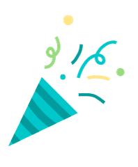 Celebration confetti and a party horn with Japanese characters and colorful decorations.