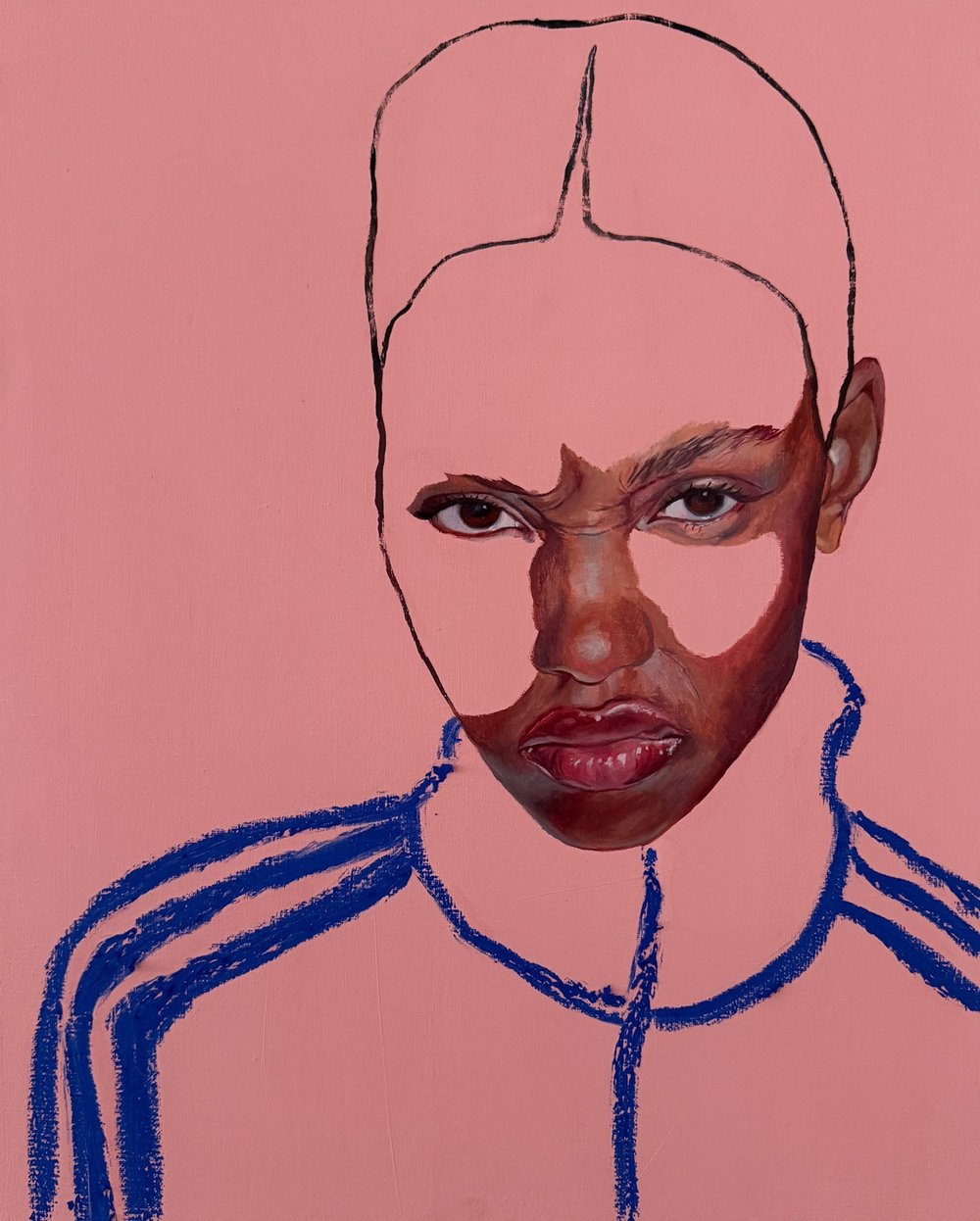 Training Season XV, a figurative portrait in oil and oilstick on pink: a woman with a dark, defiant face and a cobalt blue tracksuit line