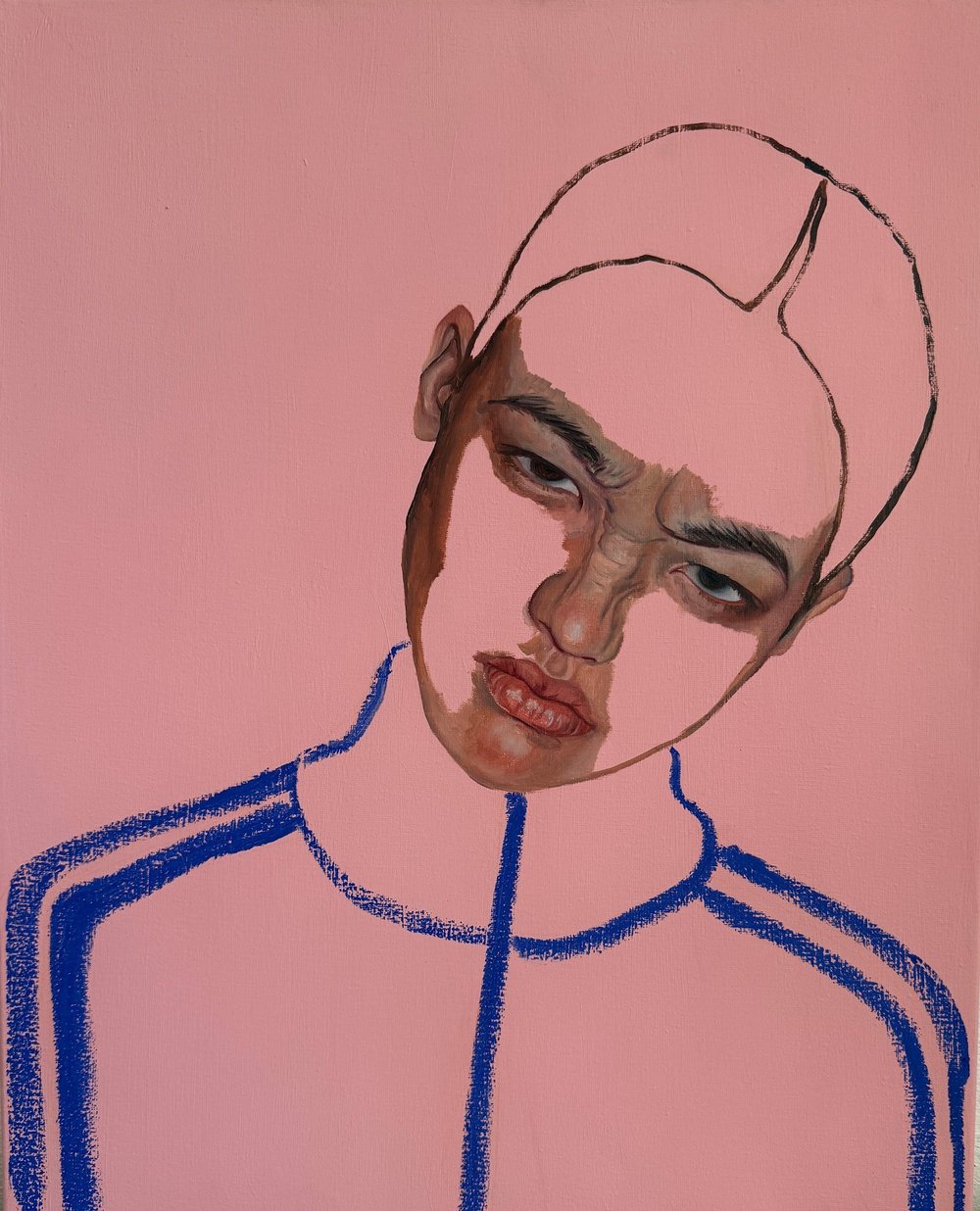 Training Season XVI, a figurative portrait in oil and oilstick on pink: a woman with a tilted head, a light face and a cobalt blue tracksuit line