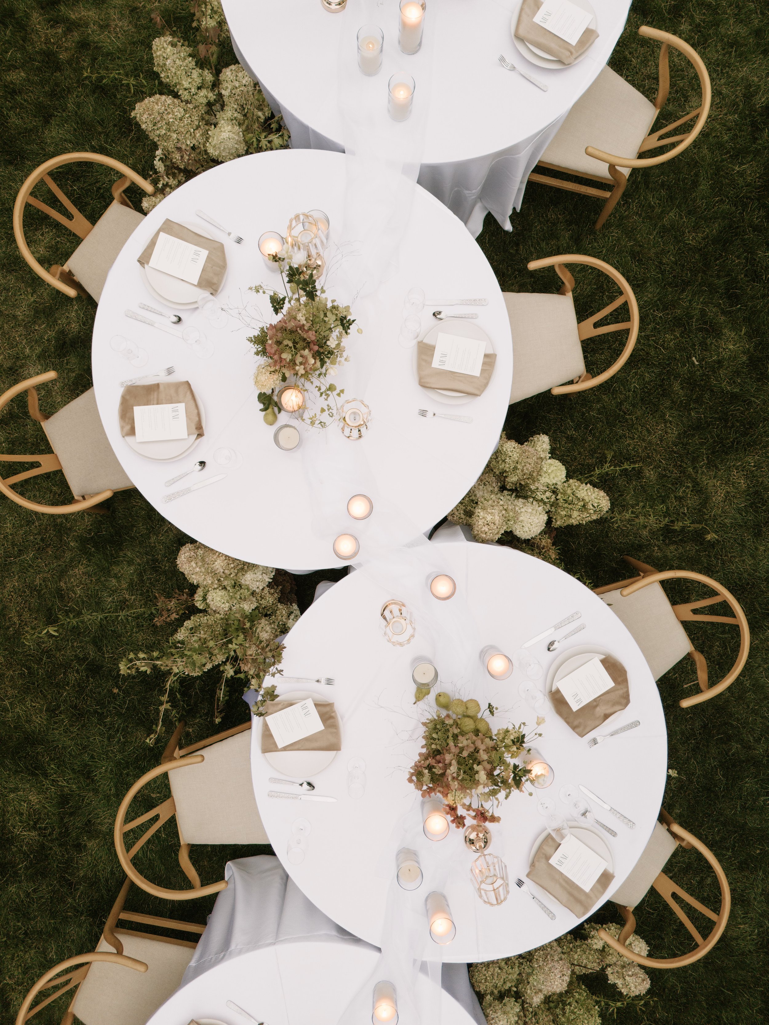 aerial wedding round table setup
