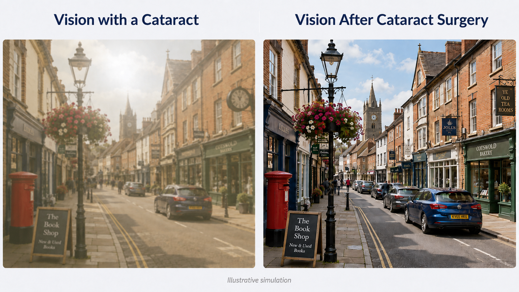 Comparison of a street scene labeled 'Vision with a Cataract' on the left, which is blurry and obscured by fog, and 'Vision After Cataract Surgery' on the right, which is clear with bright, detailed storefronts, cars, and pedestrians under a blue sky with clouds.