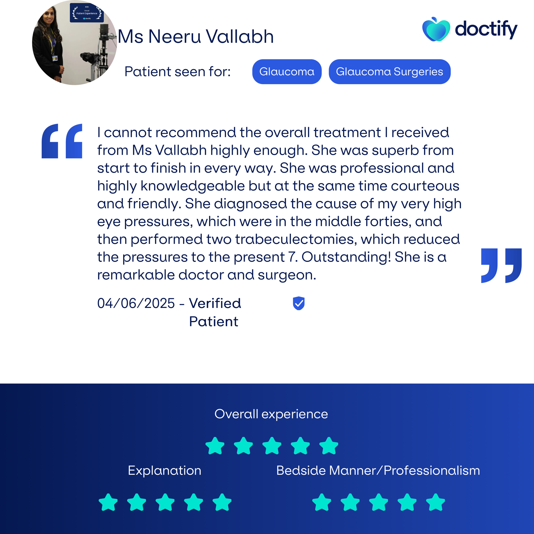 Five star review highlighting they cannot recommend the overall treatment received. She was professional, highly knowledgeable, courteous and friendly.