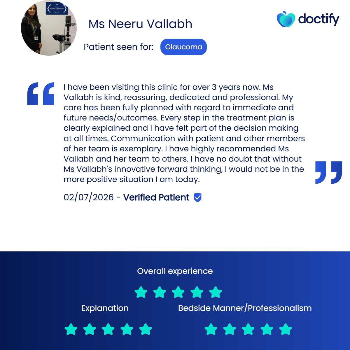 A 5 star reviews. Ms Vallabh is kind reassuring, dedicated and professional. Every step in the treatment plan is clearly explained and I have been part of decision making at all times. Ms Vallabh is highly recommended.