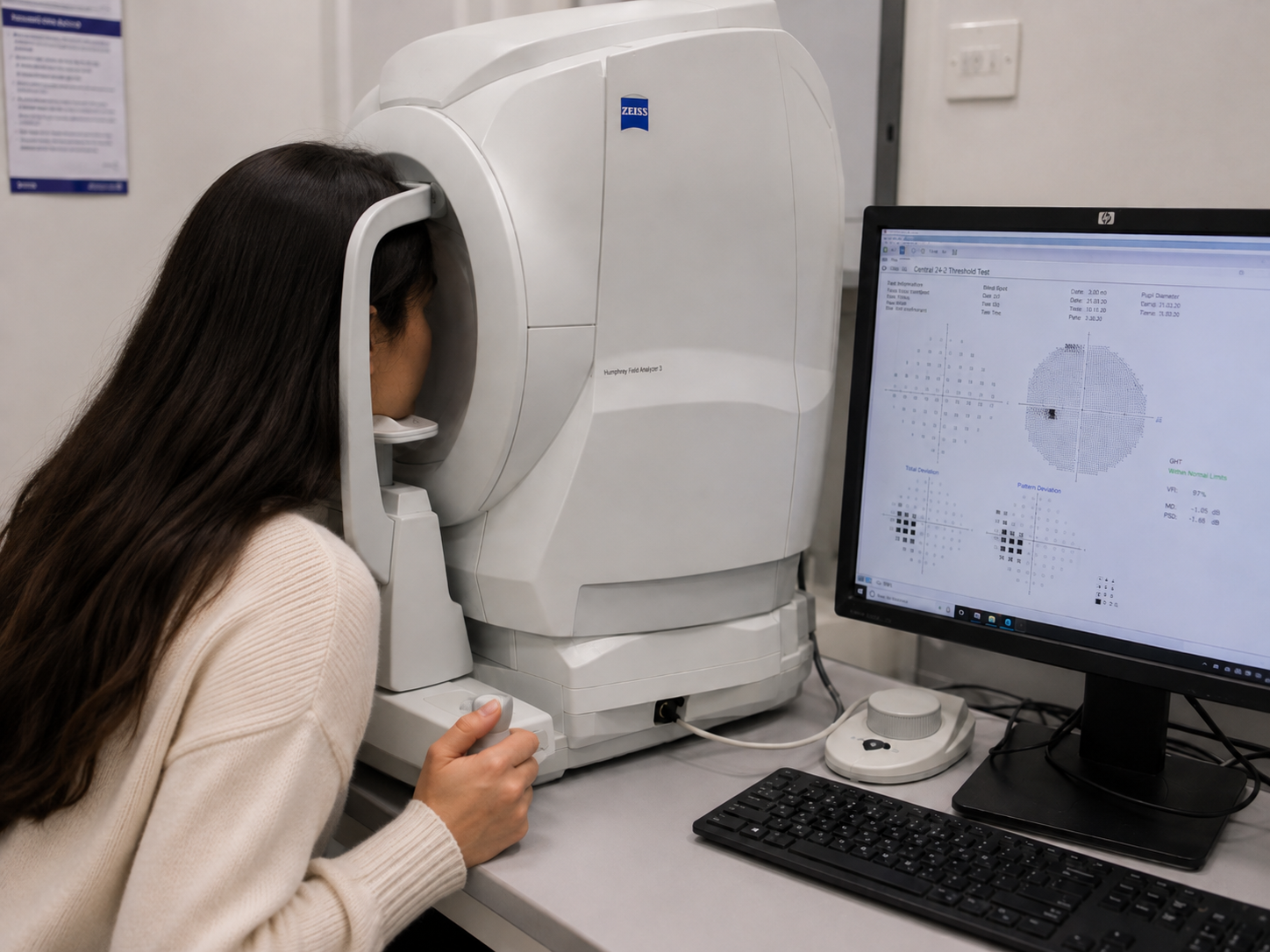 A woman undergoing an eye examination with a Humphrey Field Analyzer machine, displaying visual field test results on a computer monitor.