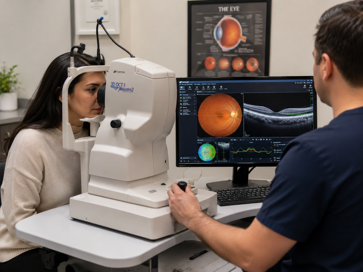 An eye examination in progress where a woman looks into a specialized imaging device while a technician monitors a computer screen displaying images of her retina and detailed eye scans in a medical office.