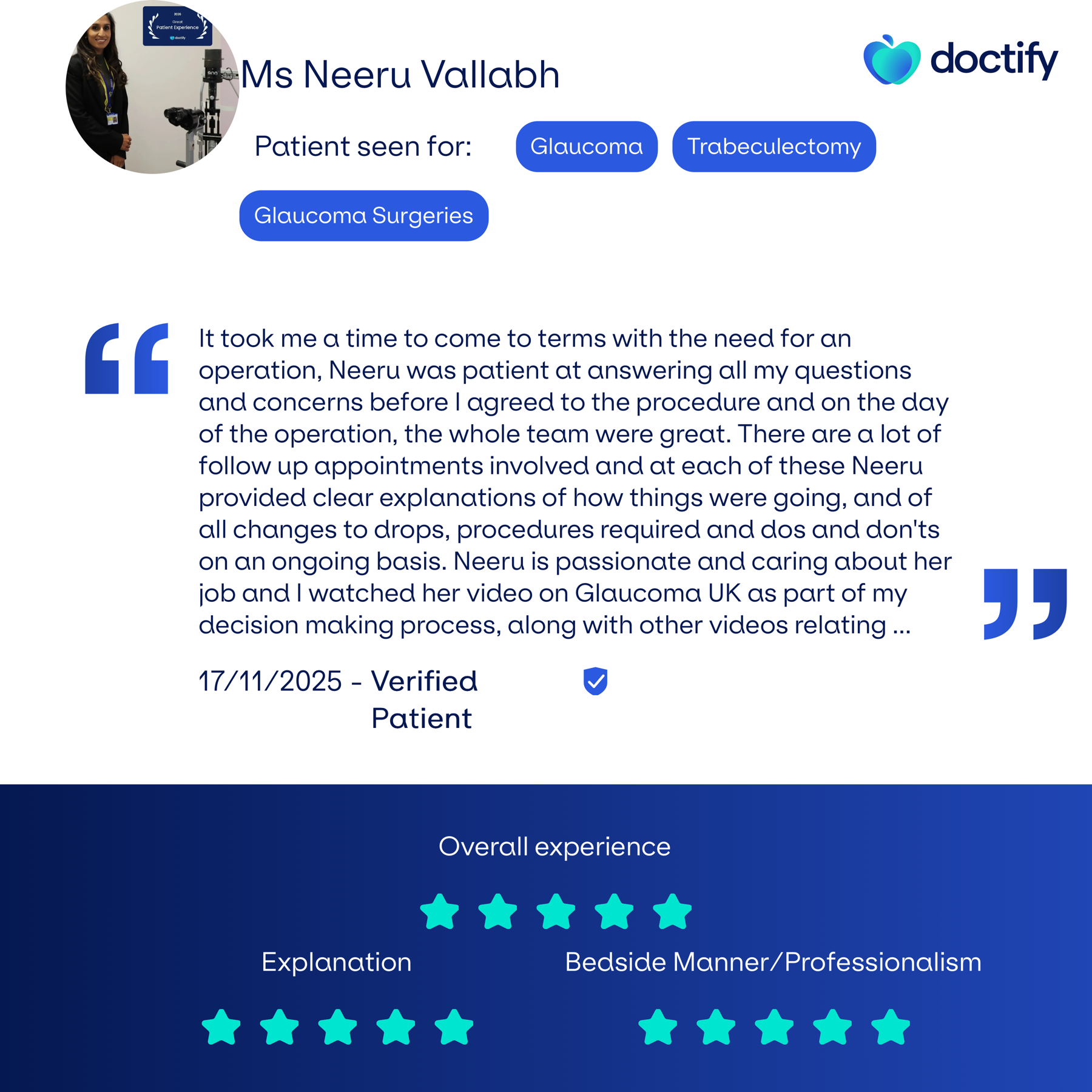 A five star review highlighting answering all my questions, she is passionate and caring and also created educational content about glaucoma for Glaucoma UK.