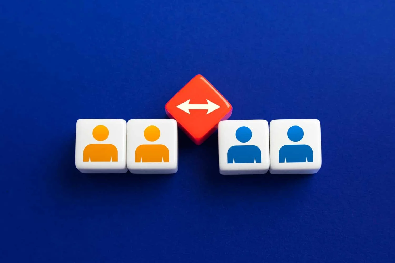 Two blocks with yellow icons of people on the left, two blocks with blue icons of people on the right, and a block in the middle with an arrow pointing in both directions.