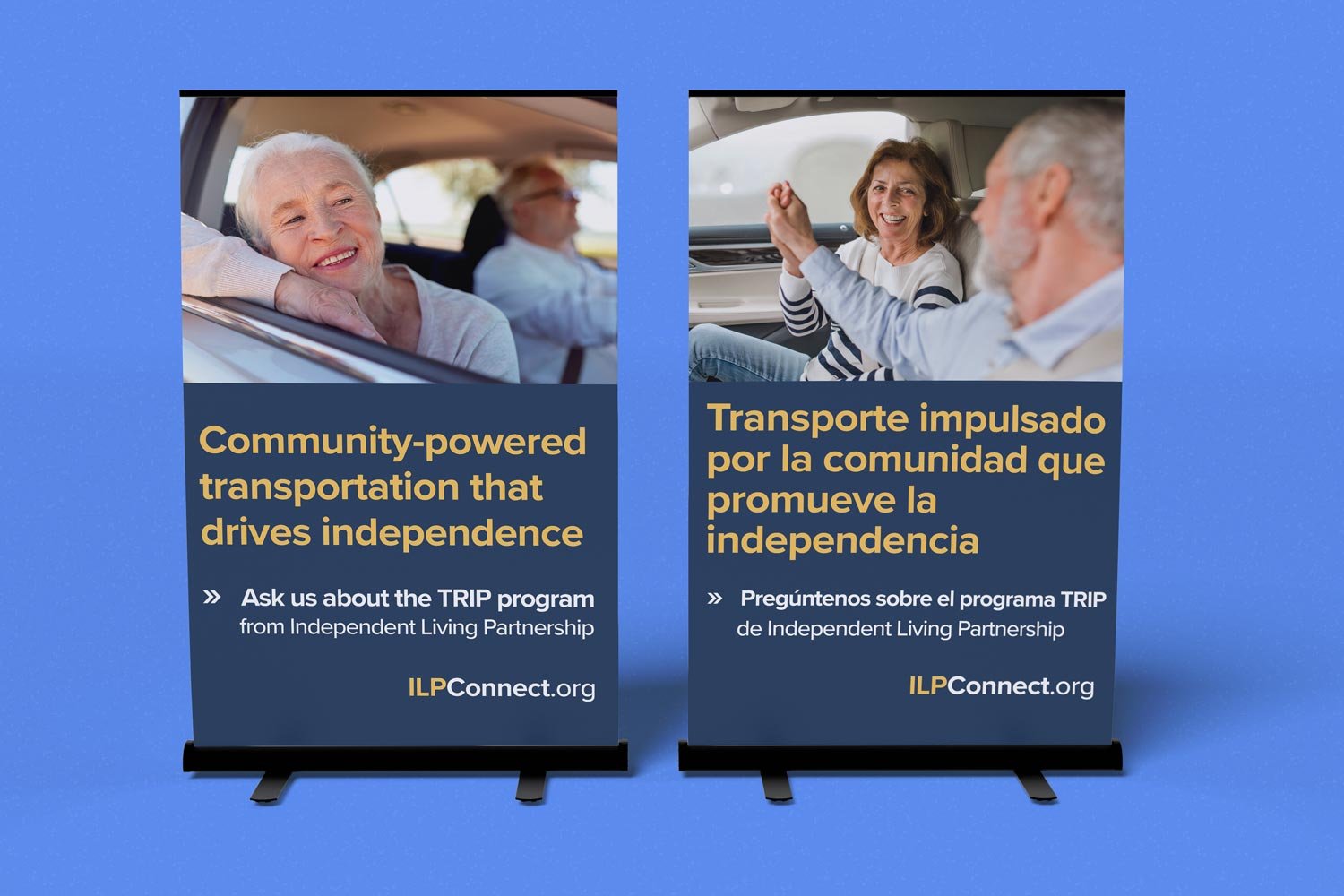 Two large signs for the conference booth show ILP customers and headline Community Powered Transportation That Drives Independence