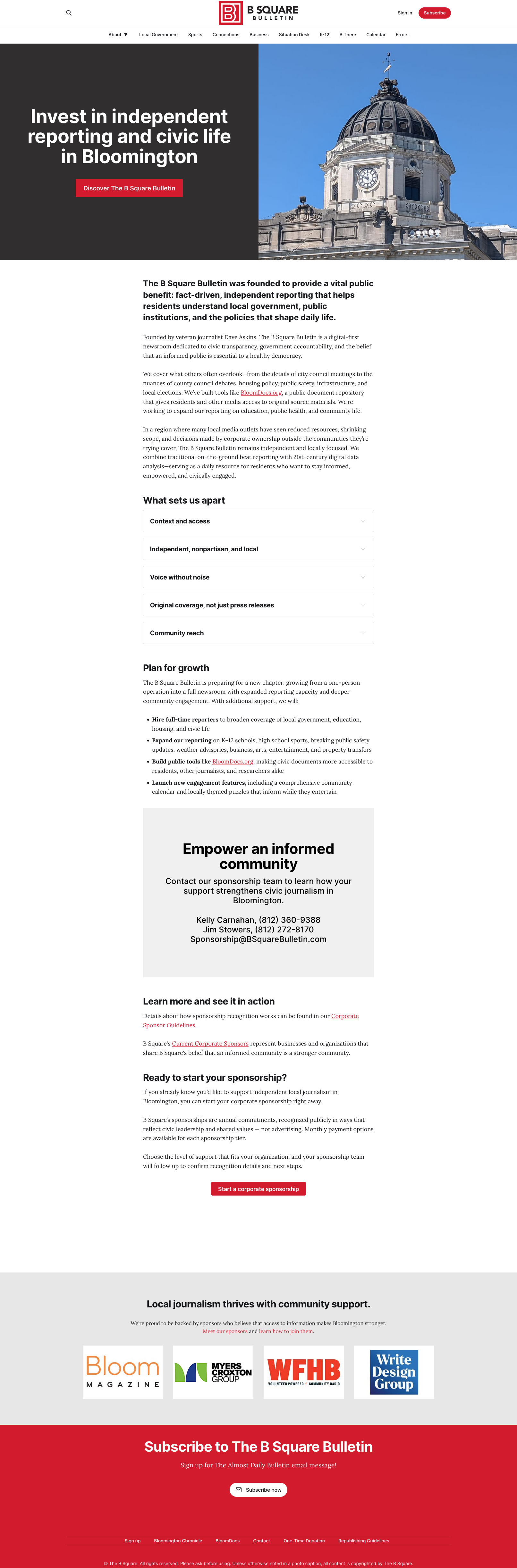 A screen capture of B Square Bulletin's corporate sponsorship webpage