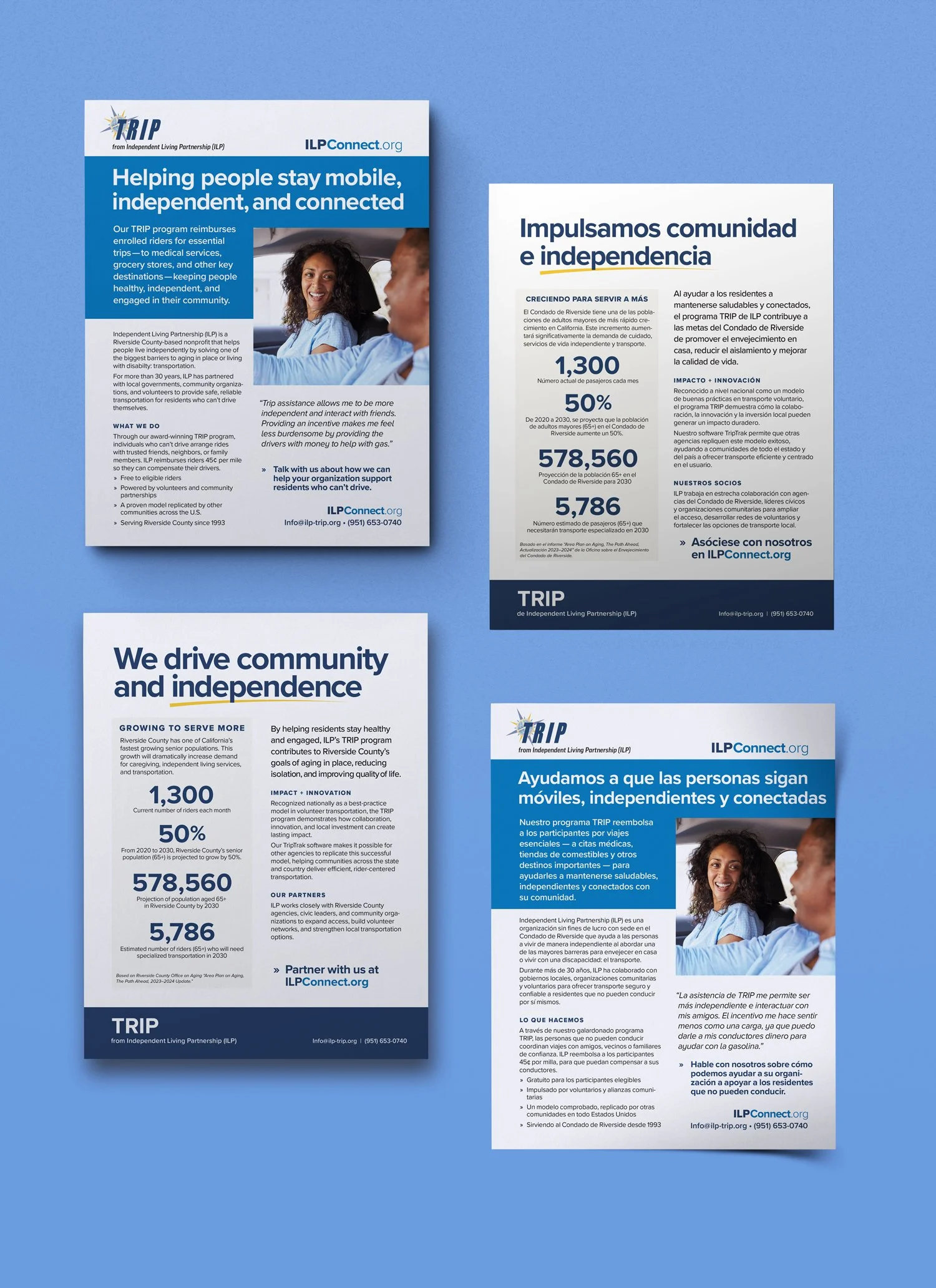 Bilingual fliers laying on blue background promote ILP Trip program