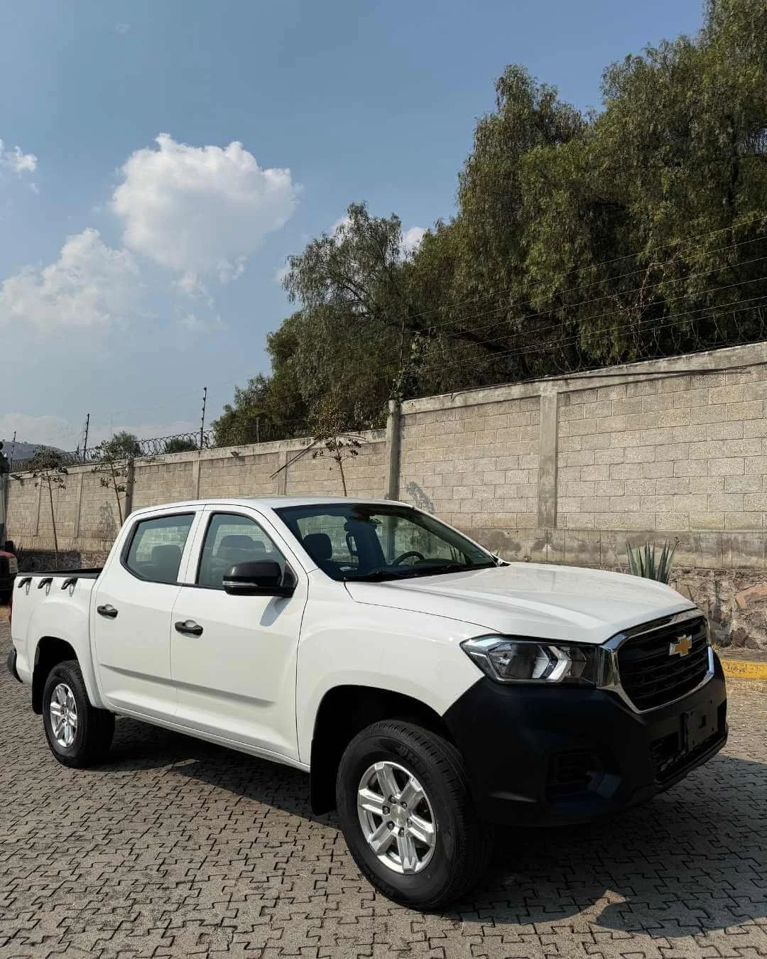 Camioneta blanca estacionada en un área pavimentada con fondo de muro de bloques y árboles verdes.
